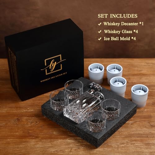 Crystal Whiskey Decanter Set In Gift Box - Includes 4 Crystal Whiskey Glasses and 4 Big Ice Ball Molds - Unique Whiskey Gift for Men