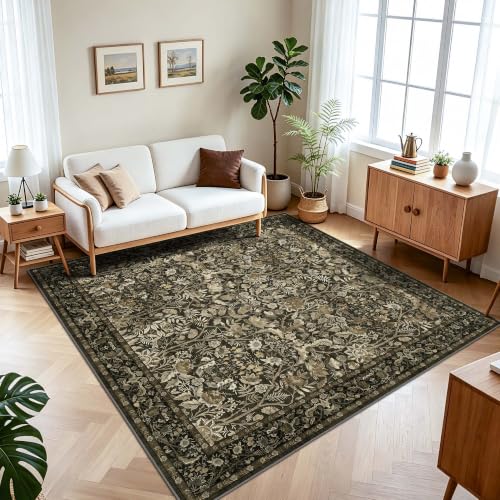 Brown 6x6 Rug for Living Room: Vintage Square Area Rugs for Bedroom Entryway Dining Room - Pet Friendly Durable Low Pile Non-Slip Stain Resistant Carpet - Floral Aesthetic Design - color: Brown and Gold, size: 6' x 6' (Square)