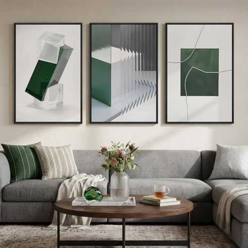 Large Framed Green White Abstract Wall Art for Living Room, 3 Piece 24x36 | Minimalist geometric pictures, Canvas prints, Modern paintings, Artwork for walls, Wall decor for hallway dining room bedroom - color: Deep Sage, size: 24" W x 36" H x 3pcs