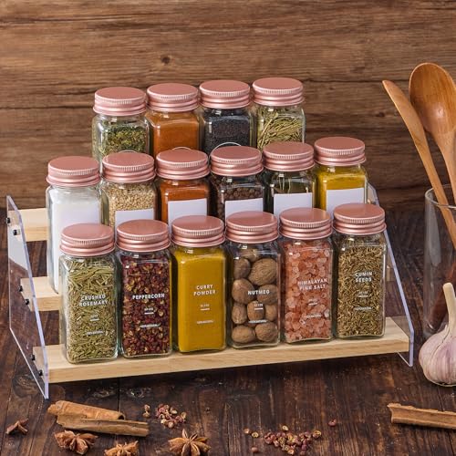 48 Pcs Glass Spice Jars with Labels, Seasoning Containers with Pink Lids | Airtight spice bottles Keep Fresh,4oz Spice Containers with Shaker Lids, Funnel for Spice Rack,Kitchen Spice Drawer Organizer
