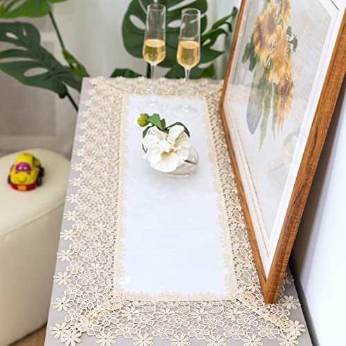 Lace Table Runner Waterproof Fabric Washable Beige 16x35inch | Elegant Decor AntiShrink Soft Wrinkle Resistant Decorative Fabric Dining Home Holiday Party Kitchen Outdoor Indoor Home Décor - color: Blossom-beige, size: 16" x 35" (Rectangle)