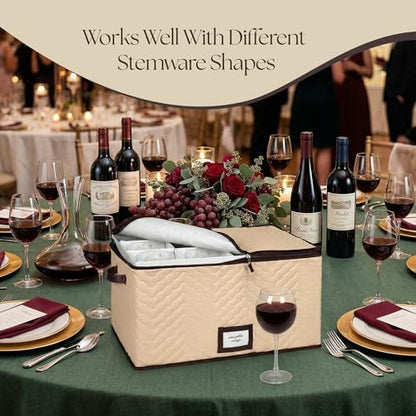 Wine Glass Storage Box with Dividers, Holds 12 Glasses up to 4.25" Wide | 2 Pack, Stemware Storage Case, Protects Fine China, Durable Quilted Microfiber, Carry Handles, Ideal for Red Wine Glass - size: Red Wine Glass, style: 2 Pack
