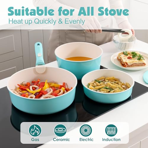 SENSARTE 17 Piece Ceramic Detachable Handle Pots and Pans Set Turquoise | Ceramic Cookware Set, Induction Cookware Set with Removable Handle, Healthy Non Stick for RV, Dishwasher ＆ Oven Safe - color: Turquoise, size: 17 Piece