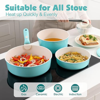 SENSARTE 17 Piece Ceramic Detachable Handle Pots and Pans Set Turquoise | Ceramic Cookware Set, Induction Cookware Set with Removable Handle, Healthy Non Stick for RV, Dishwasher ＆ Oven Safe - color: Turquoise, size: 17 Piece