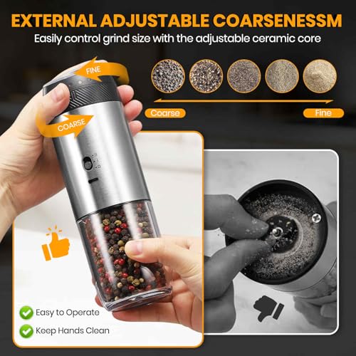 Gravity Electric Salt Grinder Set,Stainless Steel 2 Pack | with Variable Grinding Speed, External Adjustable Coarseness, One Hand Operation - color: Stainless Steel