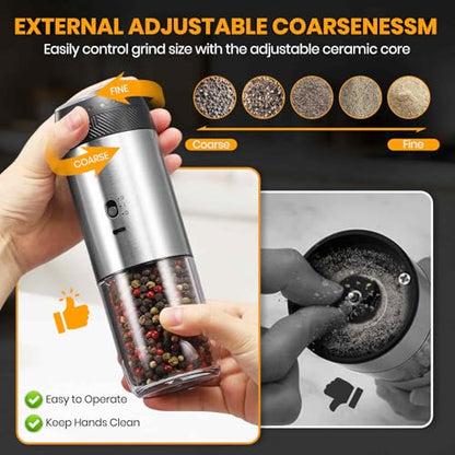 Gravity Electric Salt Grinder Set,Stainless Steel 2 Pack | with Variable Grinding Speed, External Adjustable Coarseness, One Hand Operation - color: Stainless Steel