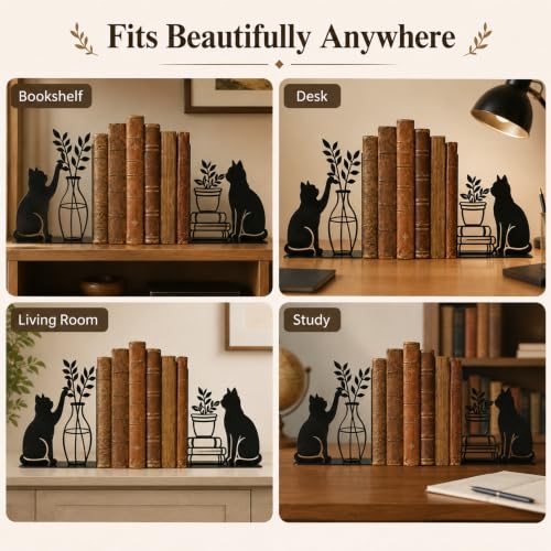 Decorative Cat Bookends, Metal Book Ends for Shelves - Cute Modern Cat Shape Bookend Holder for Bookshelf, Home Office Desk Decor, for Cat Lovers & Reading Enthusiasts
