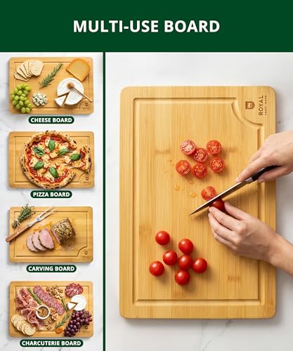 ROYAL CRAFT WOOD Bamboo Cutting Board with Juice Groove - Kitchen Chopping Board for Meat Cheese and Vegetables, Heavy Duty Serving Tray - color: Natural, size: 20"L x 14"W