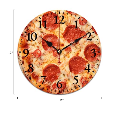 Wall Clock Pepperoni Cheese Pizza Round Rustic Wood Wall Clock Battery Operated Silent Funny Food Sausage Cheese Wood Clock 12 Inch Kitchen Dining Room Wooden Wall Clock Art Hanging Clocks - color: Pattern-1, size: 12 Inch