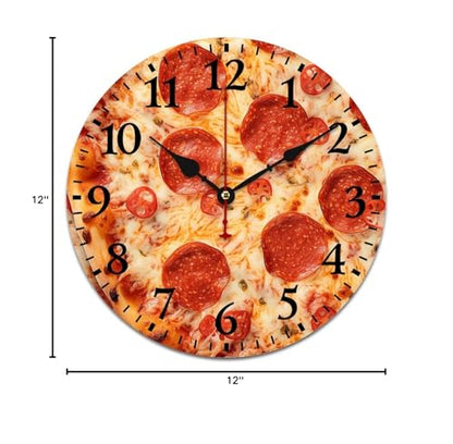 Wall Clock Pepperoni Cheese Pizza Round Rustic Wood Wall Clock Battery Operated Silent Funny Food Sausage Cheese Wood Clock 12 Inch Kitchen Dining Room Wooden Wall Clock Art Hanging Clocks - color: Pattern-1, size: 12 Inch