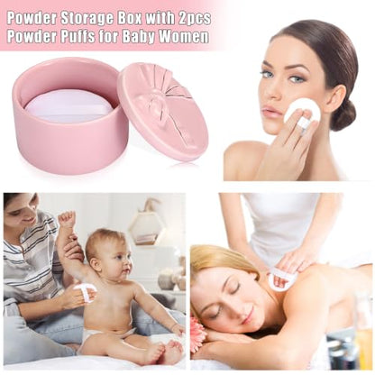 ELLDOO Body Powder Puff and Container, Wedding Bridal Shower Gifts (Pink) | Ceramic Loose Dusting Powder Storage Box with 2pcs Powder Puffs for Baby Women, Jewelry Trinket Box with Bow Lid - color: Pink