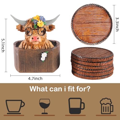 Highland Cattle Coasters - 6 Full-Size Rustic Wooden Coasters | Non-Slip for Log Cabin, Hunting, Man Cave, Bar & Farmhouse Decor | Protect Furniture - style: Highland Cattle-02
