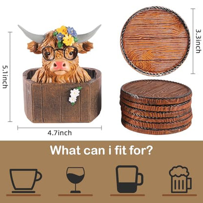 Highland Cattle Coasters - 6 Full-Size Rustic Wooden Coasters | Non-Slip for Log Cabin, Hunting, Man Cave, Bar & Farmhouse Decor | Protect Furniture - style: Highland Cattle-02