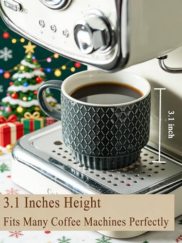 Gomakren Coffee Mugs Set of 4, 13oz Stackable Coffee Cup with Stand, Grey | Stackable Space-Saving, with 4 Spoons | Textured Grey Grid Stoneware Dishwasher Safe, for Coffee Milk Tea Cocoa & Gifting Use - color: Gray