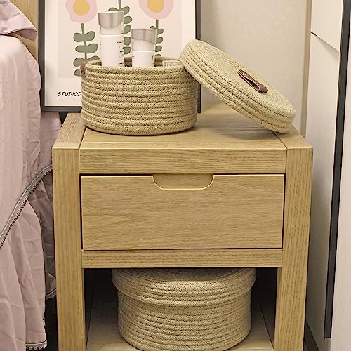 Set of 2 Round Jute Rope Storage Baskets with Lids -Leather Handles- Decorative Woven Organizer Bin for Home, Kitchen, Nursery,Small Basket