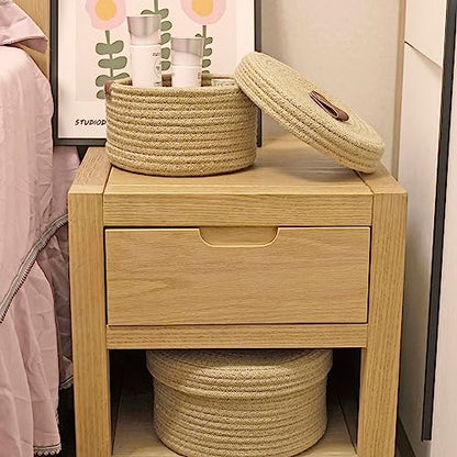 Set of 2 Round Jute Rope Storage Baskets with Lids -Leather Handles- Decorative Woven Organizer Bin for Home, Kitchen, Nursery,Small Basket