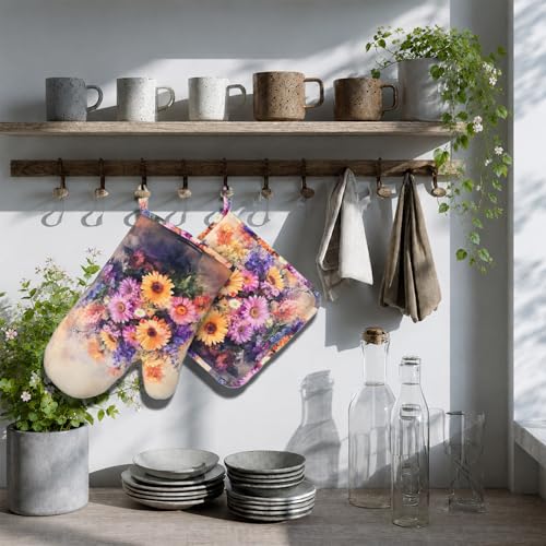 Retro Blooming Flowers Oven Mitts and Pot Holders Sets Silicone Kitchen Mitts Potholders Heat Resistant Oven Gloves Hot Pads for Kitchen Baking Cooking - color: Retro Blooming Flowers