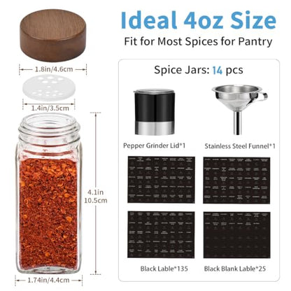 Glass Spice Containers for Kitchen: 14P 4oz Dishwasher Safe Jars | Durable Glass Jars for Cooking Enthusiasts- Airtight Acacia lid 500X Open-Close no Loose - Gift/Daily Use for Housewives