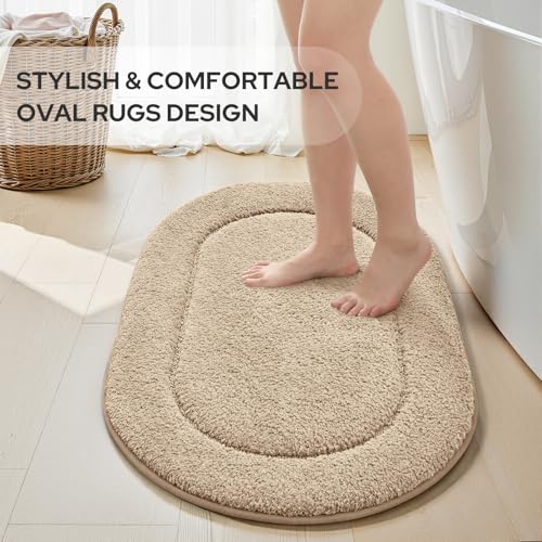 HOMEIDEAS Beige Oval Bathroom Rug Sets 2 Piece 20" x 32" + 16" x 24" | Microfiber Bath Mats, Non-Slip TPR Backing, Ultra Absorbent & Quick Dry, Machine Washable for Bathroom, Shower, Tub - color: Beige