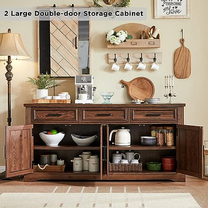 66" Farmhouse Buffet Cabinet with Storage, Sideboard Credenza, Carved Cloud-Inspired Doors, 3 Drawers & Adjustable Shelves, Coffee Bar Cabinet, Dark Brown - color: Dark Brown