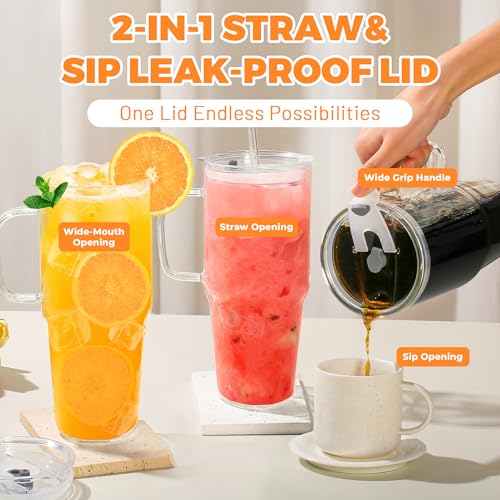 Birity 2Pack 40OZ Glass Tumbler with Handle,Glass Cup with Lid and Straw,Reusable Glass Iced Coffee Cup for Beer, Smoothies, Juice,Hot/Cold Drinks-Suitable for Birthday,Wedding - color: 40 oz 2-pack borosilicate
