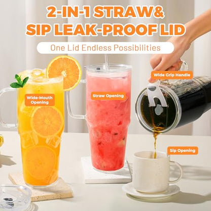 Birity 2Pack 40OZ Glass Tumbler with Handle,Glass Cup with Lid and Straw,Reusable Glass Iced Coffee Cup for Beer, Smoothies, Juice,Hot/Cold Drinks-Suitable for Birthday,Wedding - color: 40 oz 2-pack borosilicate