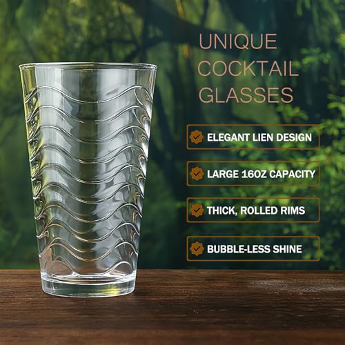 ALINK 16 oz Vintage Drinking Glasses, Set of 6 Wave Line Highball Glass Cups Bar Glasses, Clear Heavy Base Stemmed Water Glasses for Beer, Iced Coffee, Cocktail, Wine, Iced Tea, Dishwasher Safe - style: Wave Design