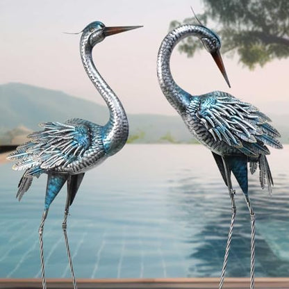 37-40Inch Outdoor Crane Garden Statues, Blue Heron Garden Statues | Large Metal Cranes for Yard, Lawn, Patio, Pond, Set of 2 - color: Blue