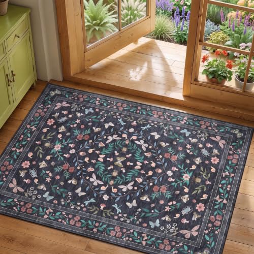 GarveeHome 2x3 Washable Area Rugs Beside Bedroom Non Slip Soft Bug Rug | Vintage Low Pile Small Doormat Foldable Stain Resistant Soft Indoor Carpet for Entryway Hallway Kitchen Floor, Black - color: Black, size: 2'x3' (Rectangular)
