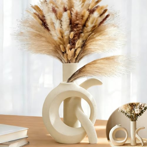 Assemble OK Ceramic Vase Set of 2 for Home Decor, Modern Boho Ins Style Matte Vase for Pampas Grass for Table Centerpiece, Living Room, Shelf, Mantle, Housewarming Gift (Beige White) - color: Beige White