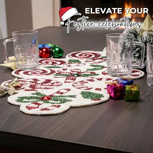 Christmas Beaded Table Runner, Red & White, 13x36 | Handcrafted, 85% glass beads, polyester backing, dining/console/coffee table, holidays, weddings, wipe-clean maintenance - color: Cherry Reddish, size: 36"x13"
