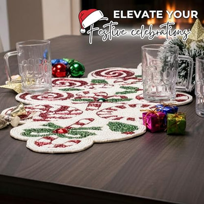 Christmas Beaded Table Runner, Red & White, 13x36 | Handcrafted, 85% glass beads, polyester backing, dining/console/coffee table, holidays, weddings, wipe-clean maintenance - color: Cherry Reddish, size: 36"x13"