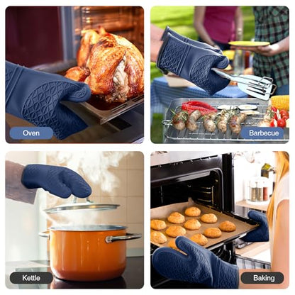 Silicone Oven Mitts, Heat Resistant 2PCS Oven Mitts with Soft Cotton Lining, Waterproof Non-Slip Grip Oven Glove, Kitchen Potholder Mits for BBQ, Baking, Cooking, 12.5 Inch - Dark Blue - color: Dark Blue