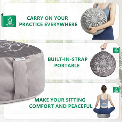 Hihealer Meditation Cushion, Traditional Tibetan Meditation Pillow Velvet Cover - Large Floor Cushion Seating for Adults - Yoga Buckwheat Bolster for Women、Moms - color: Calmly Grey & White