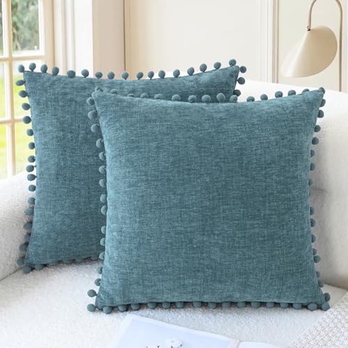 CaliTime Decorative Couch Throw Pillow Covers 16 X 16 Inches Smoke Blue | Pack of 2, Cozy Chenille Cushion Cases, with Pom Poms for Sofa Bed Living Room Farmhouse Home - color: Smoke Blue, size: 16" x 16" (Pack of 2)