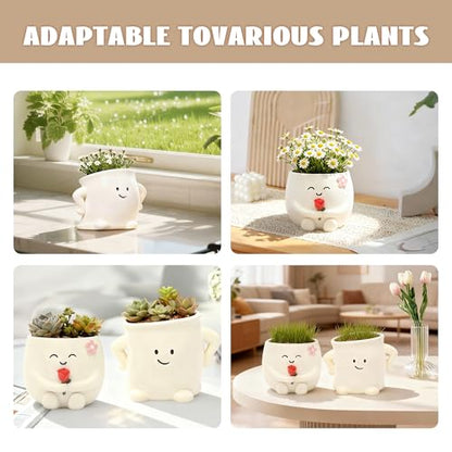 2 Pack Smiley Face Planter Pots with Drainage Hole, 3.5 Inch Cute Ceramic Succulent Pots, Funny Flower Planters for Indoor Outdoor Home Office Decor, Flower Vase Gift for Plant Lovers