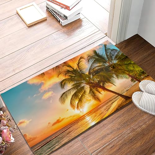 SPUNKER Tropical Palms on Beach Door Mat, 17 x 30 Inch Welcome Doormat Decorative Home Floor Mat, Non Slip Back and Strong Water Absorption for Outdoor Indoor Entrance Decor - color: Tropical Palms on Beach
