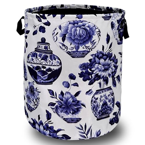 Blue White Floral Laundry Basket Oxford Cloth Foldable Hamper 18.9x16.5Inch | Vase Flowers With Handle Tote Bag Laundry Hamper Clothes Storage Bucket Toy Organizer For Bathroom/Laundry/Bedroom - color: Blue and White Vase Floral Flowers