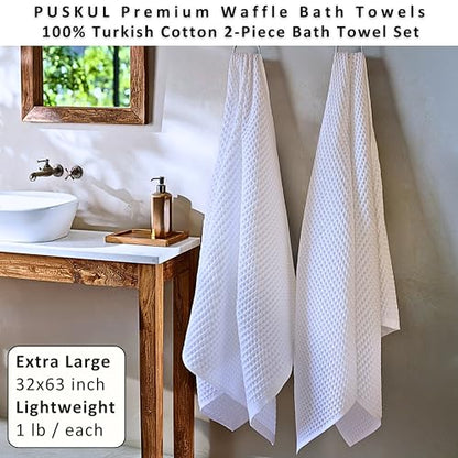 PÜSKÜL 2-Piece Natural 100% Turkish Cotton Waffle Bath Towels Extra-Large | White, 32x63" Bath Sheet Towel, Light Soft Absorbent Quick-Dry Lint-Free Premium Honeycomb Weave Oeko-Tex Made in Turkiye - color: White