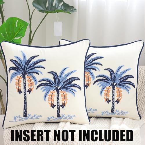 Embroidered Throw Pillow Covers 18x18 Pack of 2 Blue Palm Tree | Ocean-Themed,Durable Fabric,Square Pillow Cover,Boho Decorative,Hidden Zipper,Aesthetic Design,Ideal Gift,Machine Washable - color: Blue Palm Tree