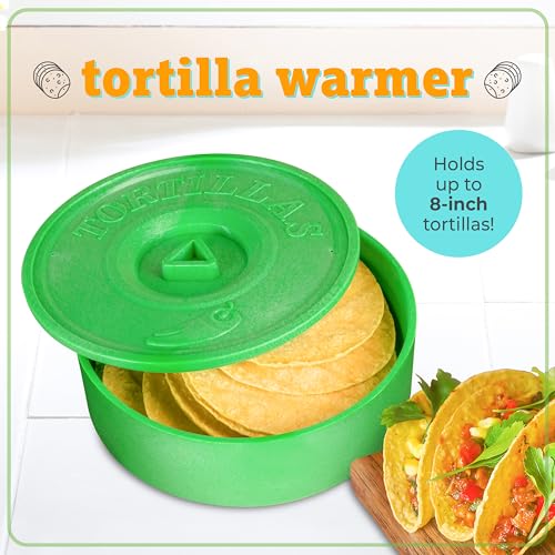 Taco Tuesday Complete Taco Serving Set with Tortilla Warmer, Salsa Bowls, Shell Holders, and Mortar and Pestle - 9-Piece Set - Red, Yellow, and Green - style: Taco Holder Set