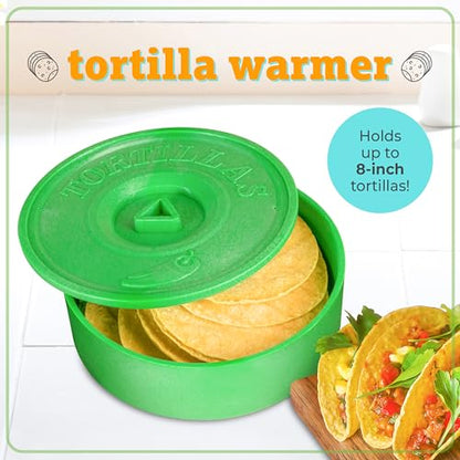 Taco Tuesday Complete Taco Serving Set with Tortilla Warmer, Salsa Bowls, Shell Holders, and Mortar and Pestle - 9-Piece Set - Red, Yellow, and Green - style: Taco Holder Set