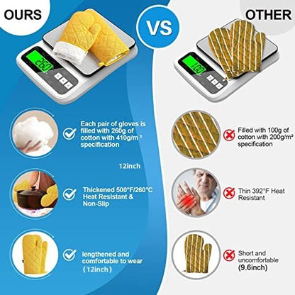 Oven Mitts and Pot Holders 4 pcs Set,High Heat Resistant 500 Degree Extra Thicken Long Kitchen Cotton Oven Glove for Cooking (12 Inch,Yellow) - color: Cotton-yellow