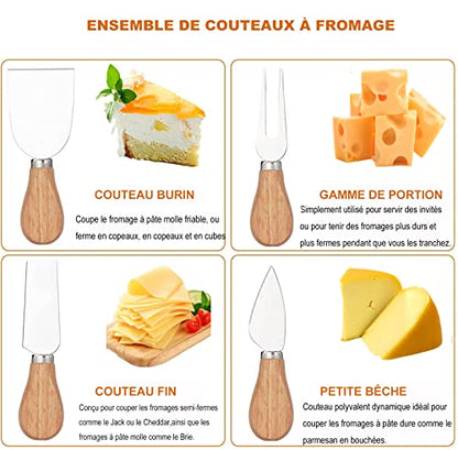 Exquisite 4-Piece Cheese Knives Set, Complete Stainless Steel Cheese Knife Collection (Gift-Ready) - style: Oak Wood
