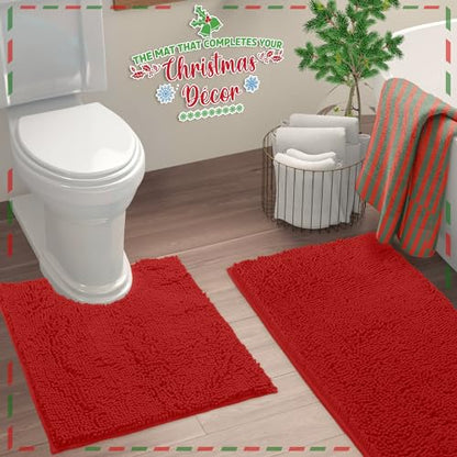Christmas Bathroom Rugs Sets 2 Piece, Luxury Chenille Bath Mat Set, Soft Plush Anti-Slip Bath Rug + U-Shaped Toilet Mat. Microfiber Shaggy Carpet, Super Absorbent (24” x 36” & 20” x 24” U, Red) - color: Red, size: 2 Piece Set - Large