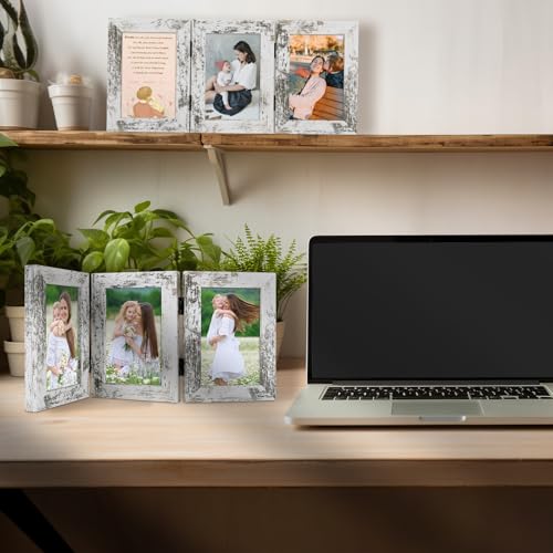 Golden State Art, 4x6 Triple Frame Distressed White- Real Glass, 1 Pack | Trifold Photo Frame Vertical Display for Desktop - Three Folding Picture Collage - color: Weathered White, size: 4x6(1 Pack)
