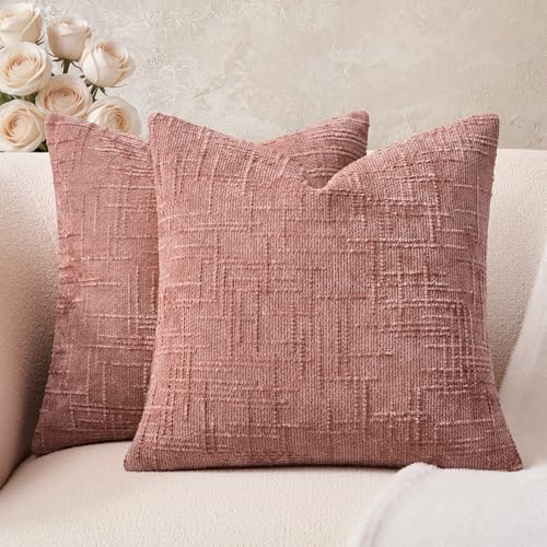 Throw Pillow Covers Pink Set of 2 18x18 Inch Pillow Covers, Soft Chenille Neutral Decorative Pillowcases for Couch Sofa Bed Living Room, Home Cute Decor, Modern Farmhouse Cushion Covers - color: Pink, size: 18" x 18" (Pack of 2)