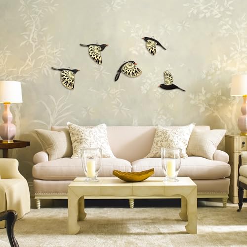 Vumyhuby 5-Piece Black Wooden Bird Wall Art, Rustic Folk Flying Bird Decor - color: Black