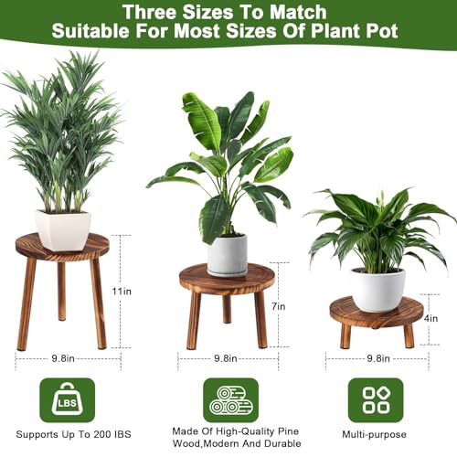 3 Pack Wooden Plant Stand Indoor, Mid-Century Modern Stool | 3 pack wooden plant stool for 6-11" pots, tall corner flower pot holder for indoor & outdoor living room, balcony & patio