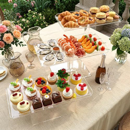 Jusalpha Set of 3 Acrylic Cupcake Stand, 3 Tiered Party Serving Tray, Clear Rectangular Dessert Display, Heavy Duty Construction (Rectangle-Bottom Disconnect)